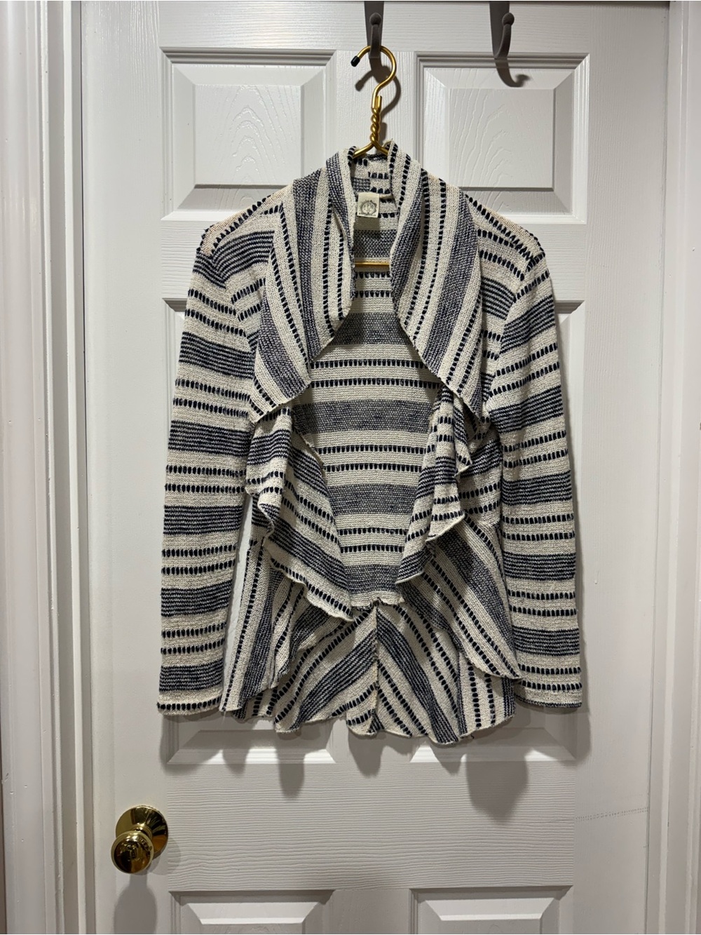Sun n Moon Navy Blue & Cream Striped Ruffled Open-Front Peplum Cardigan